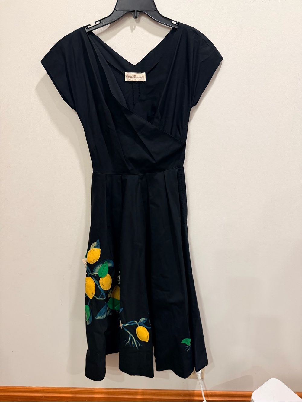 Vintage Black Midi Dress with Lemon Print